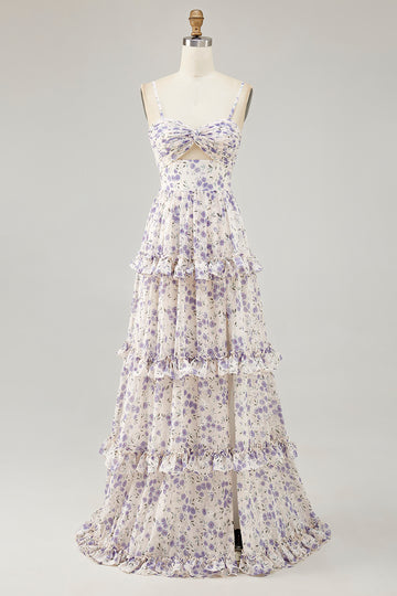 Purple Flower Printed A Line Cut Out Wedding Guest Dress with Slit